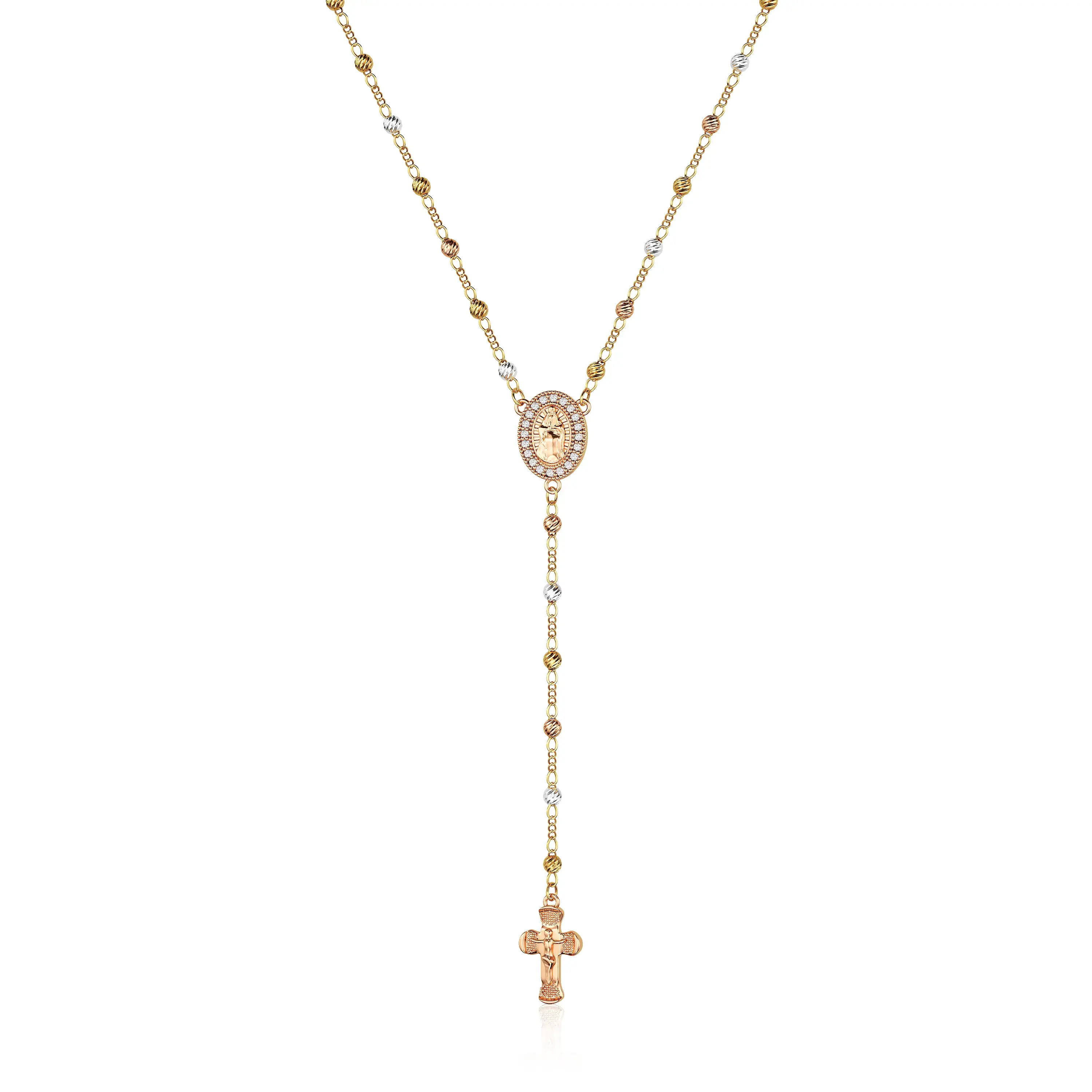 Tewiky 14K Gold Plated Copper Rosary with Zirconia Round Beads, Virgin Mary Y-shaped Chain Rose Gold Cross Necklace For Easter Valentine's Day gifts