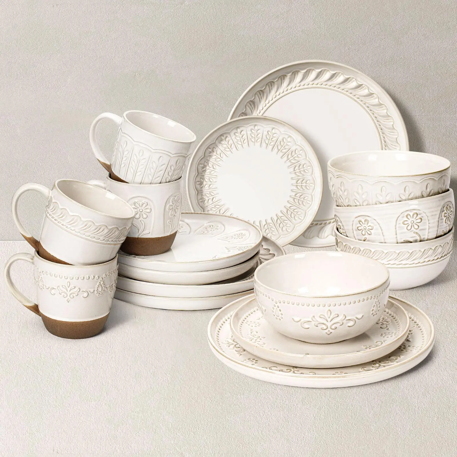 16-Pc Ceramic Dinner Set for 4, Textured Plates & Bowls, Microwave-Safe & Dishwasher-Safe, Scratch-Resistant, Unique Embossment Patterns, Ideal for Family Dinners & Everyday Use Kitchenware Cutlery Tableware, Dinner Plates, Ceramic Dinner Sets