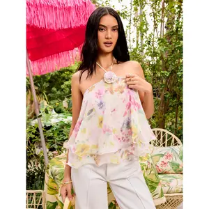 Cider Chiffon Floral Halter Neckline Applique layered Ruffle Hem Top