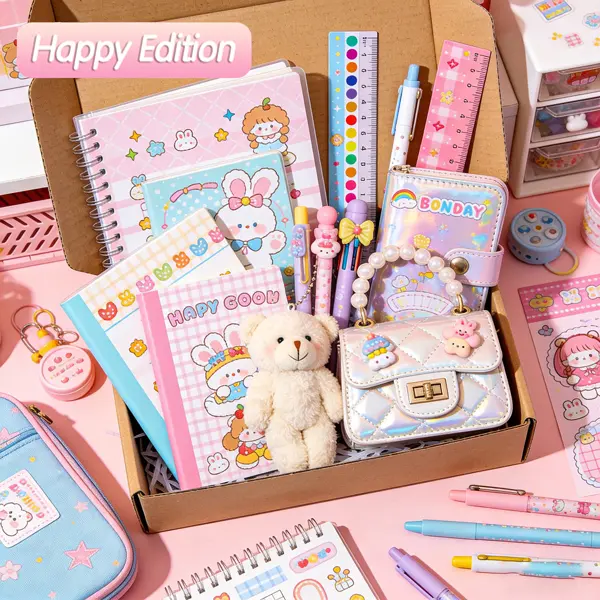Cute Collectible Stationery & Accessories (HAPPY Edition) - Fashion Decorative Stickers, Aesthetic Pens for DIY Projects, Trendy Hair Clips