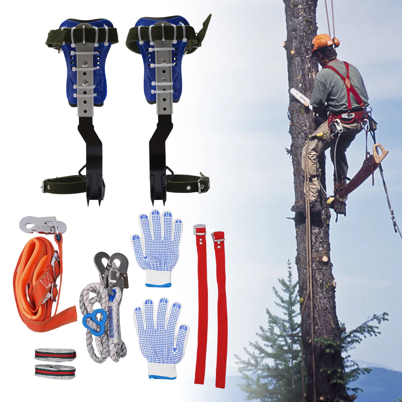 Adjustable Carbon Steel Tree Climbing Spurs Kit with Steel Plate - Outdoor Sport Gear for Beginners, Pros, Hunters - Safety Harness, Rope, Gloves Included - 330 lbs Capacity, Fruit Picking, Adjustable Spikes, Durable Construction, Foot Straps