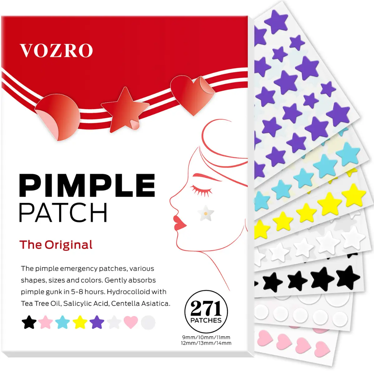 VOZRO Pimple Patches, Colorful Hydrocolloid Acne Patches for Face, Cute Star Pimple Patches with Salicylic Acid, Tea Tree & Centella Oil (Round,Star,Peach Shapes| 6 Sizes| 271 Count) Skincare Clear Zit Skin Repair Gentle Pack Peel Redness Sensitive Sheet