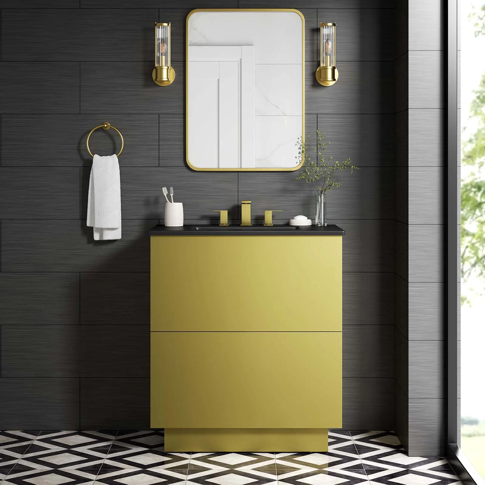 Modway Quantum 30" Modern Bathroom Vanity Set - Black-Gold Finish, MDF Cabinet, Ceramic Sink Basin, Bathroom Fixture for Home Improvement, Centered Holes, Durably Crafted