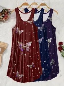 3-Piece Set Women's Fashion Butterfly Print Sleeveless Loose Dress, Casual Dresses Summer Flowy Home Wear, Ideal for Beach and Vacation