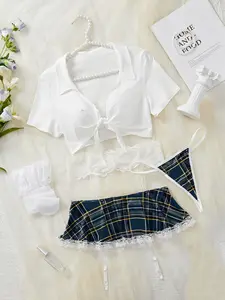 Sexy Gingham Print Crop Top Underwear Set, Wireless Bralette & Thong, Unlined Leg Ring, Fitted Casual Style, All Seasons Wear Womenswear