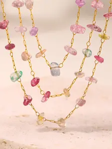 Colorful Crystal Stone Stainless Steel Chain Choker Necklace and Bracelet Set, Trendy Style for Summer Vacations, Sweet Women's Jewelry