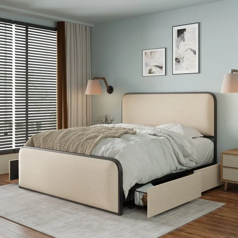 Queen Size Bed Frame with 4 Storage Drawers, Upholstered Queen Platform Bed with Curved Upholstered Headboard and Footboard, Heavy Duty Metal Slat Support, Easy Assembly, Beige