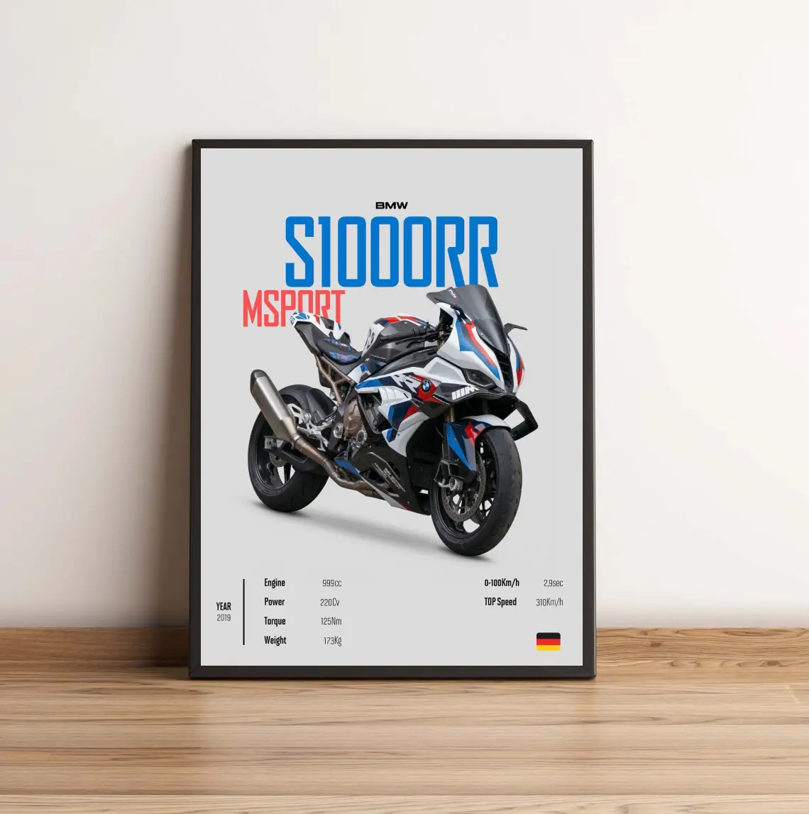 BMW S1000RR M Sport Technical Wall Art | Superbike Specification Poster | Modern Motorcycle Garage Decor | Automotive Enthusiast Print