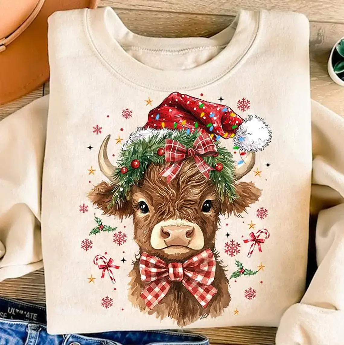 Coquette Christmas Highland Cow Sweatshirt, Western Christmas Sweatshirt, Merry Xmas Sweatshirt, Cute Cow with Santa Hat and Bow Tie - Menswear