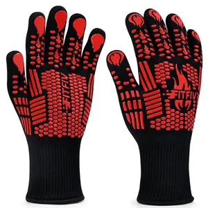 FITFIV BBQ Gloves, 1472 Degree F Heat Resistant Grilling Gloves Silicone Non-Slip Oven Gloves Long Kitchen Gloves for Barbecue, Cooking, Baking, Cutting