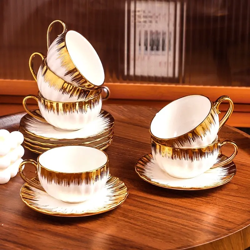 Elegant Gold Trimmed White Porcelain Tea Cup and Saucer Set for Sophisticated Tea Time 6 cups and 6 plates 100ML