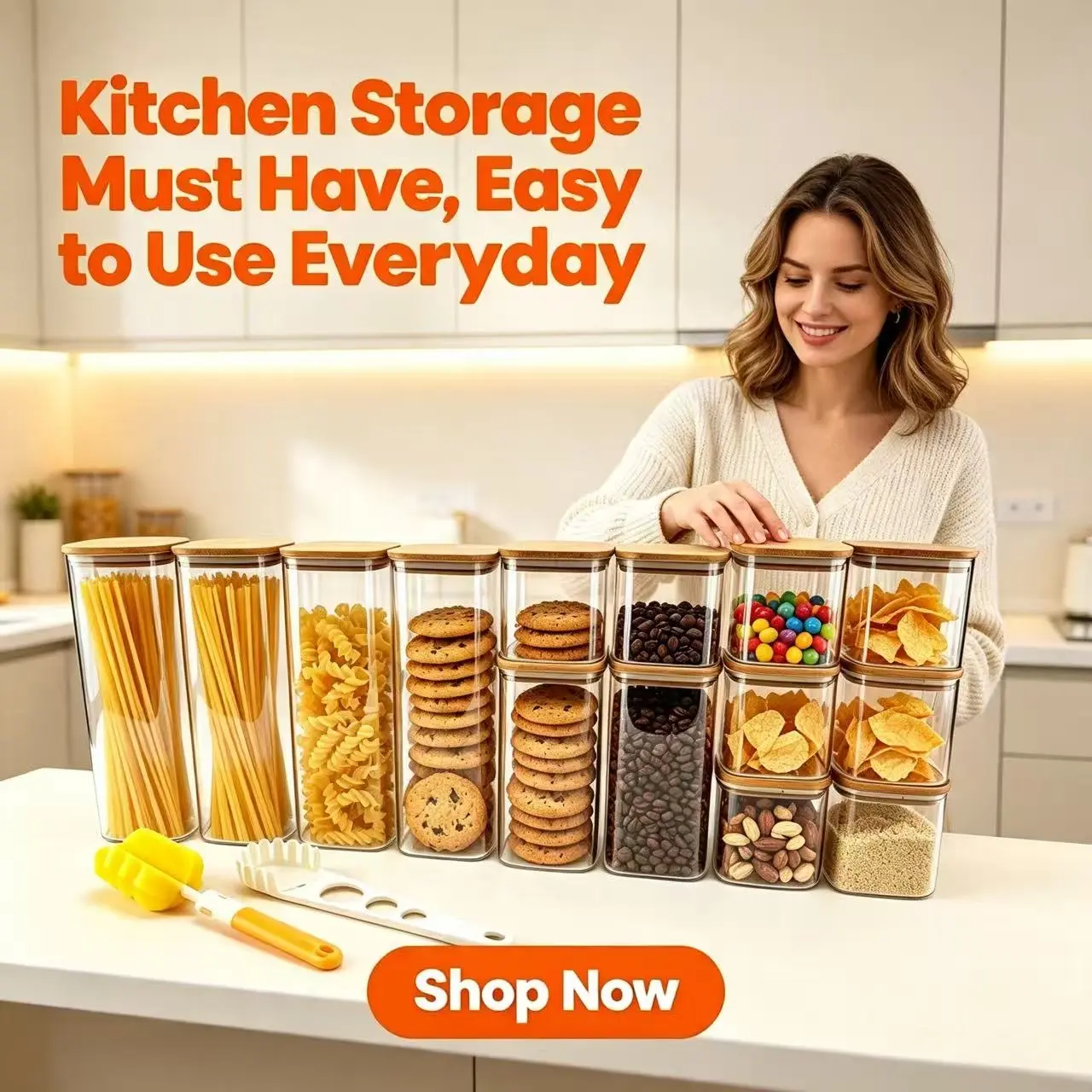 14 Pack Large Capacity Glass Food Storage Jars with Bamboo Lid, Square Stackable Airtight Pantry Containers, Big Dry Goods Canister Set for Pasta, Nuts, Candy, Cereal, Kitchen Storage Accessories