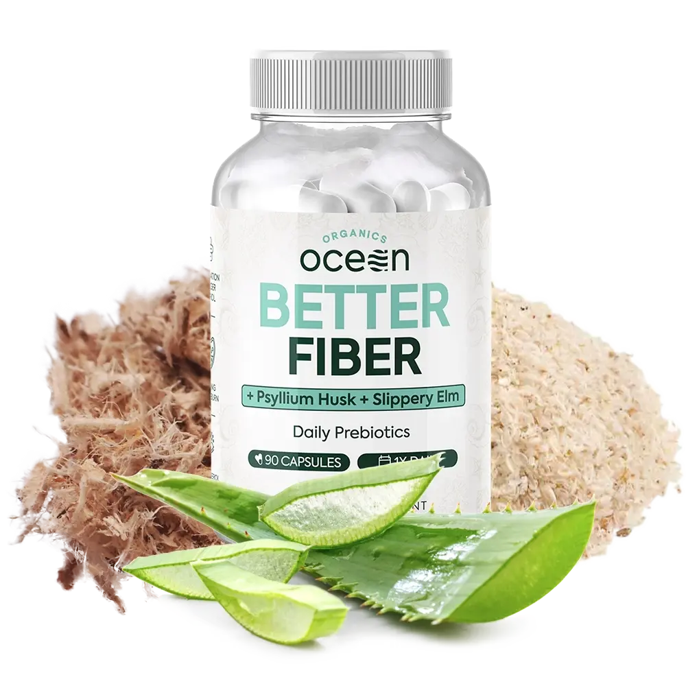 Organics Ocean Better Fiber - Daily Fiber Supplement - Soften Stool for Effortless Bowel Movements - with Psyllium Hulk and Slippery Elm - 90 Capsules