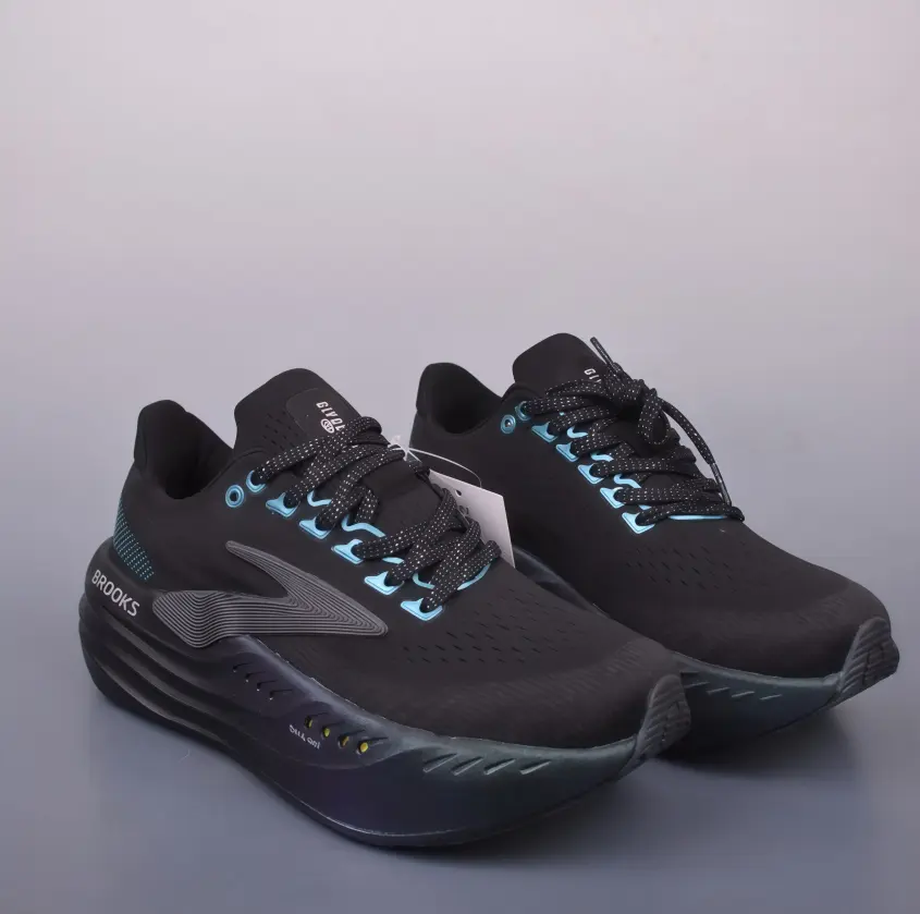 Black Teal Blue Yellow Outsole Perforated Knit Max Cushion Running Shoes, Brooks Shock Absorb Marathon Trainers, Breathable Anti-Slip Long Distance Road Sneakers For Men & Women Jogging