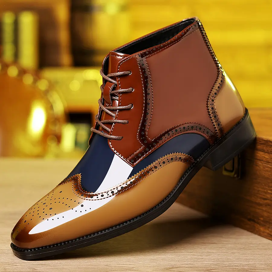 Men's mid-top wingtip Oxford formal shoes - Patent leather finish, Brogue details, fashionable and comfortable, suitable for business and formal events