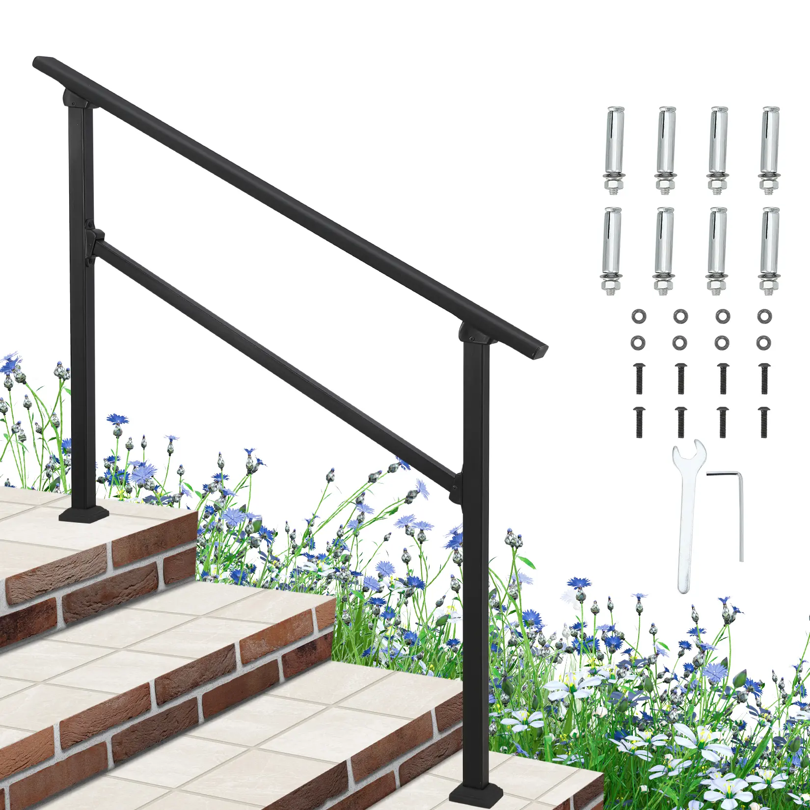 Adjustable Black Metal Stair Handrail – Outdoor 3-6 Step Railing for Deck, Porch, Exterior Stairs, DIY Installation Kit, Durable Banister for Home Renovation