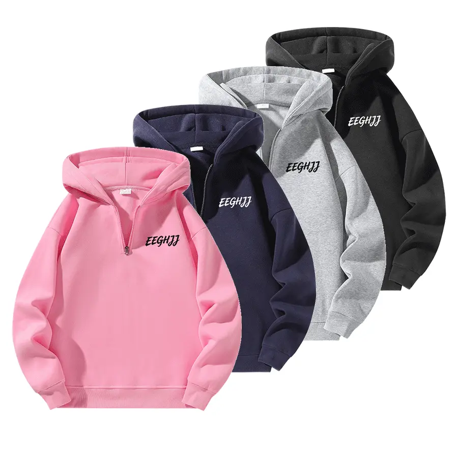Couples’ half-zip hooded sweatshirt, regular fit, basic design, suitable for autumn and winter wear, ideal for everyday use.