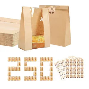 250Pcs Paper Bread Bags for Homemade Bread, Bread Bags Window & Thank You Stickers, 13.7x8.2x3.5 Inch Large Leakproof Kraft Paper Bags for Baked Food, Pastries, Cookies, Storing Loaves & Snacks