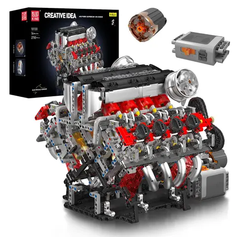 Mould King 10130 3.9-Liter V8 V-Type 8-Cylinder Twin-Turbo Realism Car Motor Assembly Building Blocks Set, DIY Model Brick 3D Model Kit for F488, Kids' Gift Hobby Kit (2718 Pieces), Building Blocks Sets