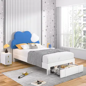 VECELO Twin Upholstered Bed Frame with Storage Drawer for Kids, Platform Bed Frames with Cloud-Shaped Headboard, Wooden Slats Support, Noise-Free, Blue