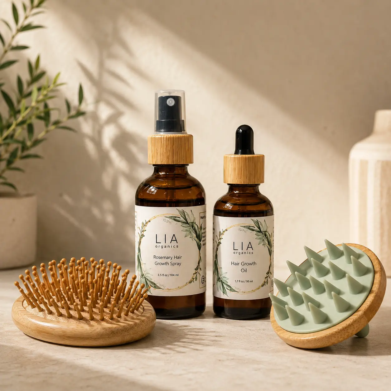 LIA Organics Complete Scalp Care System | Hair Oil, Rosemary Tonic, Bamboo Brush & Scalp Massager