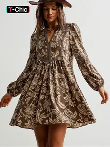 Women's Striped Lace V Neck Casual Long Sleeve Coffee Color Dress, Floral, Bohemian Style Easter Beachwear, Hawaiian Style, Coachella Music Festival