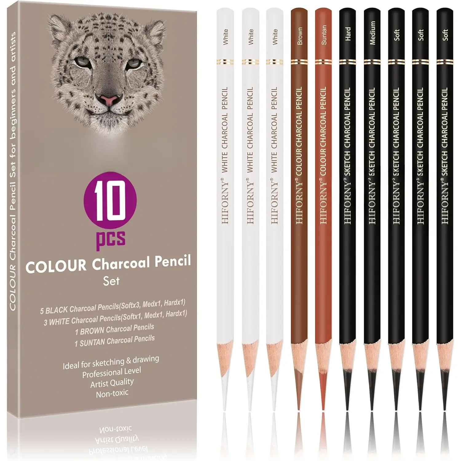 10 count Colored Charcoal Pencils for drawing- Black White Charcoal Pencils for Sketching,Shading,Blending,Portrait - Ideal for Beginners & Artists