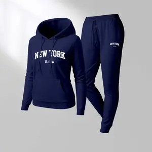 Women's New York USA  Hoodie And Drawstring Track Pants Set, Casual Sportswear, Long-Sleeved Hooded Jacket And Pants, Suitable For Autumn And Winter, Everyday Wear, Indoor And Outdoor Sportswear, Casual Sportswear.
