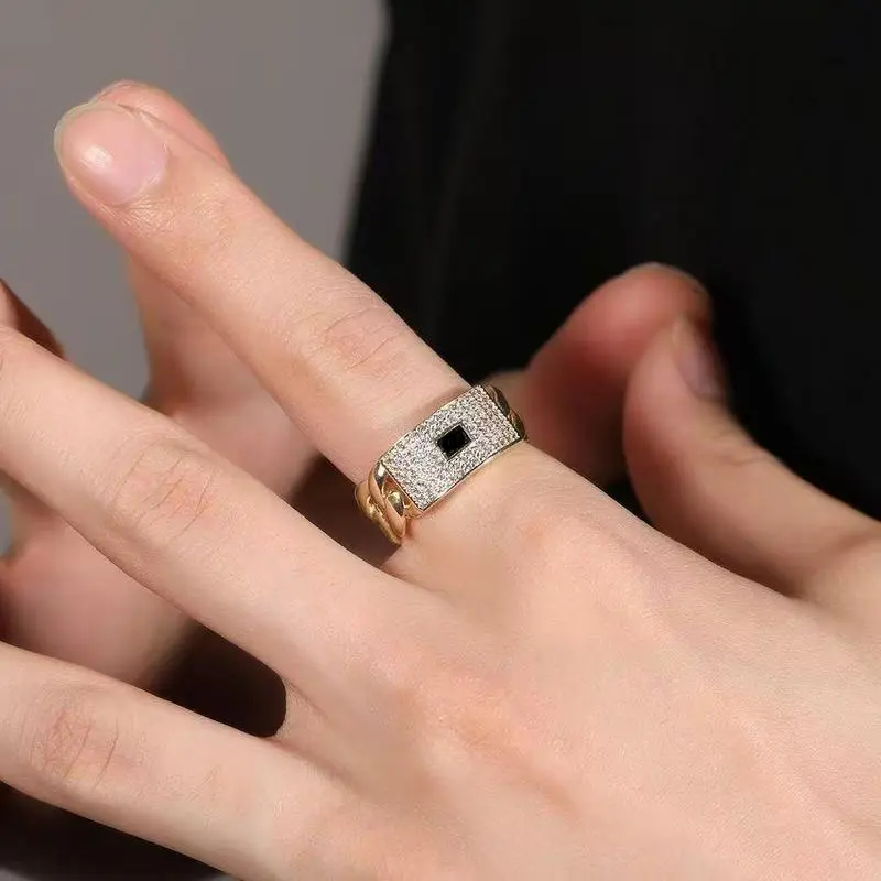 Iced Out Zircon Cuban Chain Jewelry Ring, Niche Design Hip Hop Metal Ring, Unisex Accessory with Gift Box, Sizes #6-#10, Jewelry Rings, Metal Rings