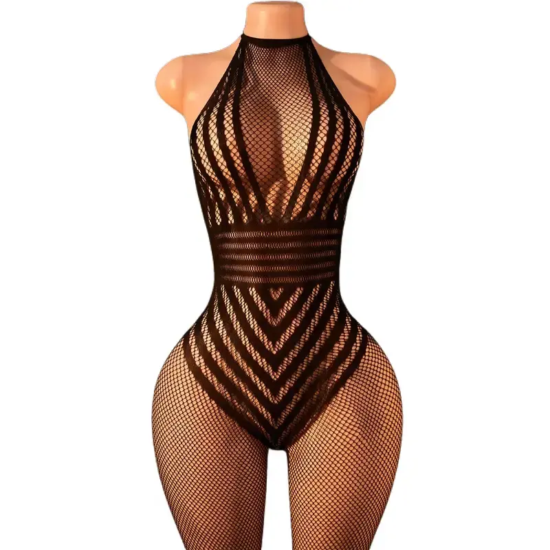 Women's Sexy High-Stretch Bodysuit - Exotic Halter-Neck Lingerie with Tie-Back, Open Crotch, Solid Color, High Support, Cold Wash Women's Sexywear