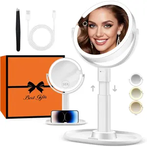 Vanity Mirror with Lights, 30X Magnifying Makeup Mirror with 3 Lighting and Adjustable Brightness, Rechargeable 2-Sided Height Adjustable Desk Mirror for Bathroom