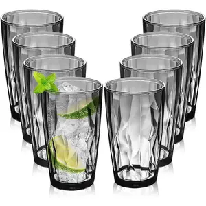 Plastic Reusable Drinking Glasses Set of 8 | BPA-Free 16-Ounce Stackable Drinkware Water Tumblers Shatterproof Drinking Cups Grey