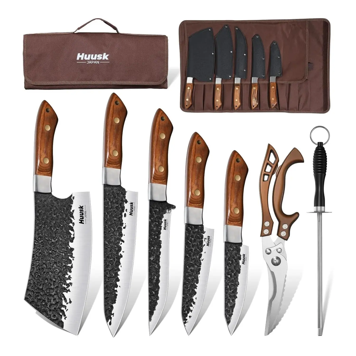 Huusk Butcher Knife Set - Hand Forged Meat Cleaver & Boning Viking Knives & Chef Utility Knives, Japanese Chef Knife Set with Bag for Camping, BBQ, Christmas Gifts for Men Women