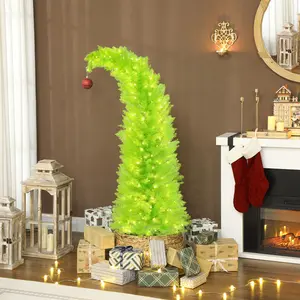Whimsical Christmas Tree 5 ft Bent Top with Red Ball, Prelit 200 LED Lights, Metal Base, Slim Pencil Shape, 438 Tips, Indoor Use, Green