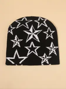 Girls' Y2K Knit Beanie Fitted Hat, Warm Winter Cap with Fun Jacquard Star Design, Stylish Autumn & Winter Headwear for Kids