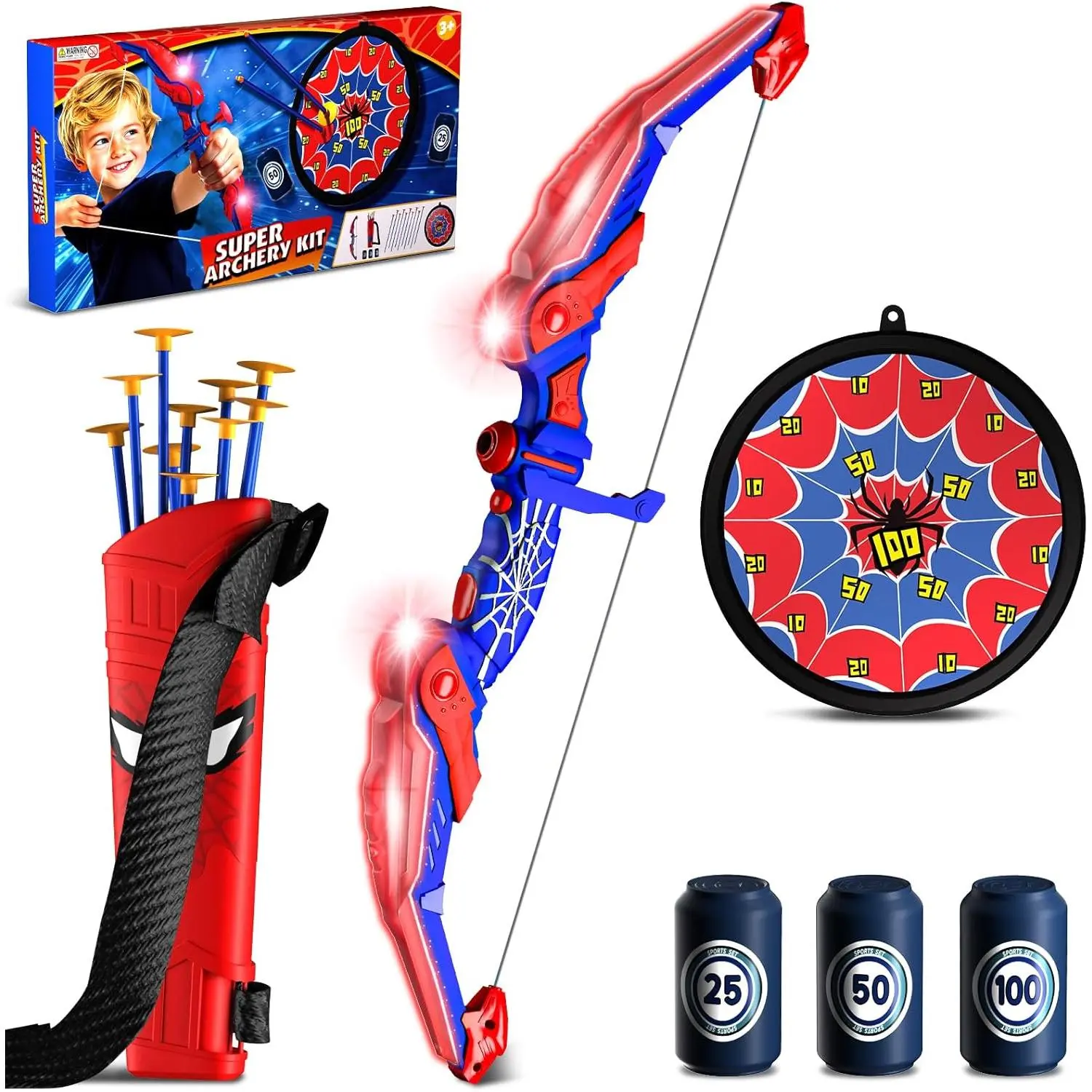 OUTDOOR Bow and Arrow Set for Kids, Led Light Up Kids Archery Set with Quiver & Web Target, 10 Suction Cup Arrows & Another 3 Target Cans, Birthday Gift Toys for 3 4 5 6 7 8 Year Old Boys Girls, Kids Outdoor Play, Outdoor Play Sets