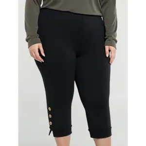 [Capri Leggings] Plus Size - Women'S Plus Size Capri Leggings with Decorative Button - Elegant, Stretchy Solid Color, Mid-Length Pants for Spring/Summer, Casual and Stylish, Plus Size Pants