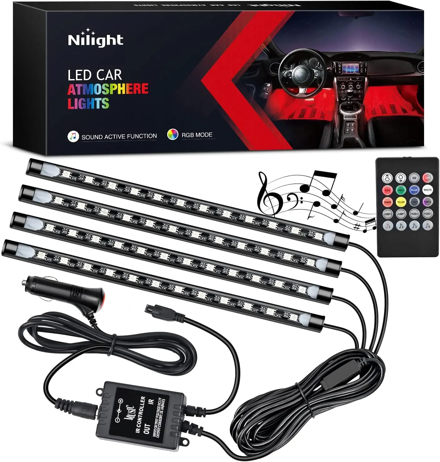 Nilight TR-06 4PCS 48-LED 12V DC Interior Ambient Car Strip Lights, Under Dash Lighting Kit with Sound-Active Function, Wireless Remote Control, Car Light Embellishments, Ambient Lights