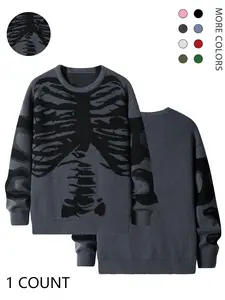 Halloween Outfit Ideas, Men's Halloween Themed Skeleton Graphic Print Round Neck Drop Shoulder Long Sleeve Sweater, Loose Fashion Casual Soft Comfy Crew Neck Jumper for Daily Outdoor Wear, Men Knitwear for Fall, Tops