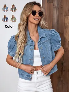 Women's Vintage Bubble Sleeve Denim Jacket, Summer Thin High Waist Crop Top, Casual Chic Fashionable Short Jean Coat for Women