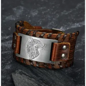 Carefully crafted leather buckle arm cuffs by Asgard, featuring Fenrir design fashionable wristband