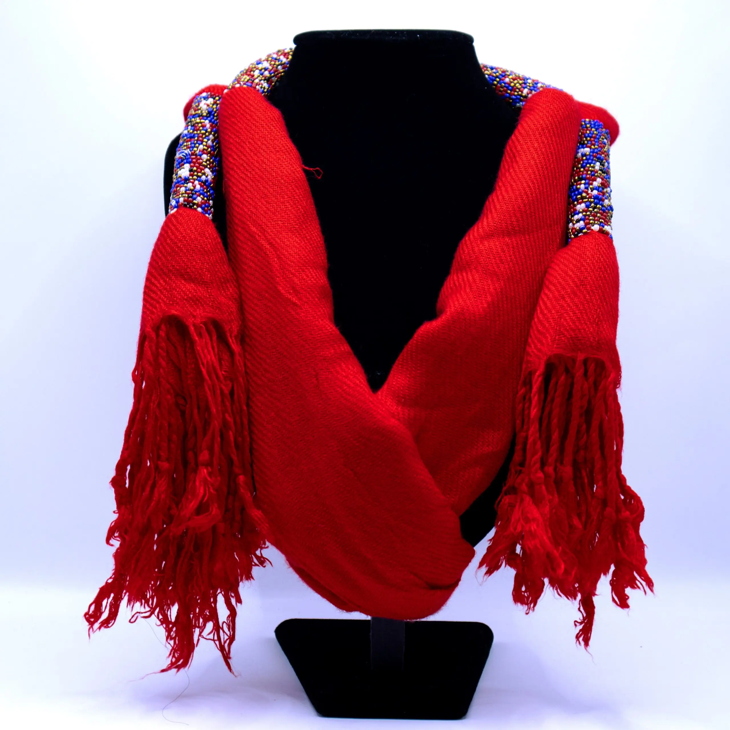 Cotton African Inspired Beaded Scarf - Vibrant Red Color with Fringe Detail, Ideal for Warm Weather Wear