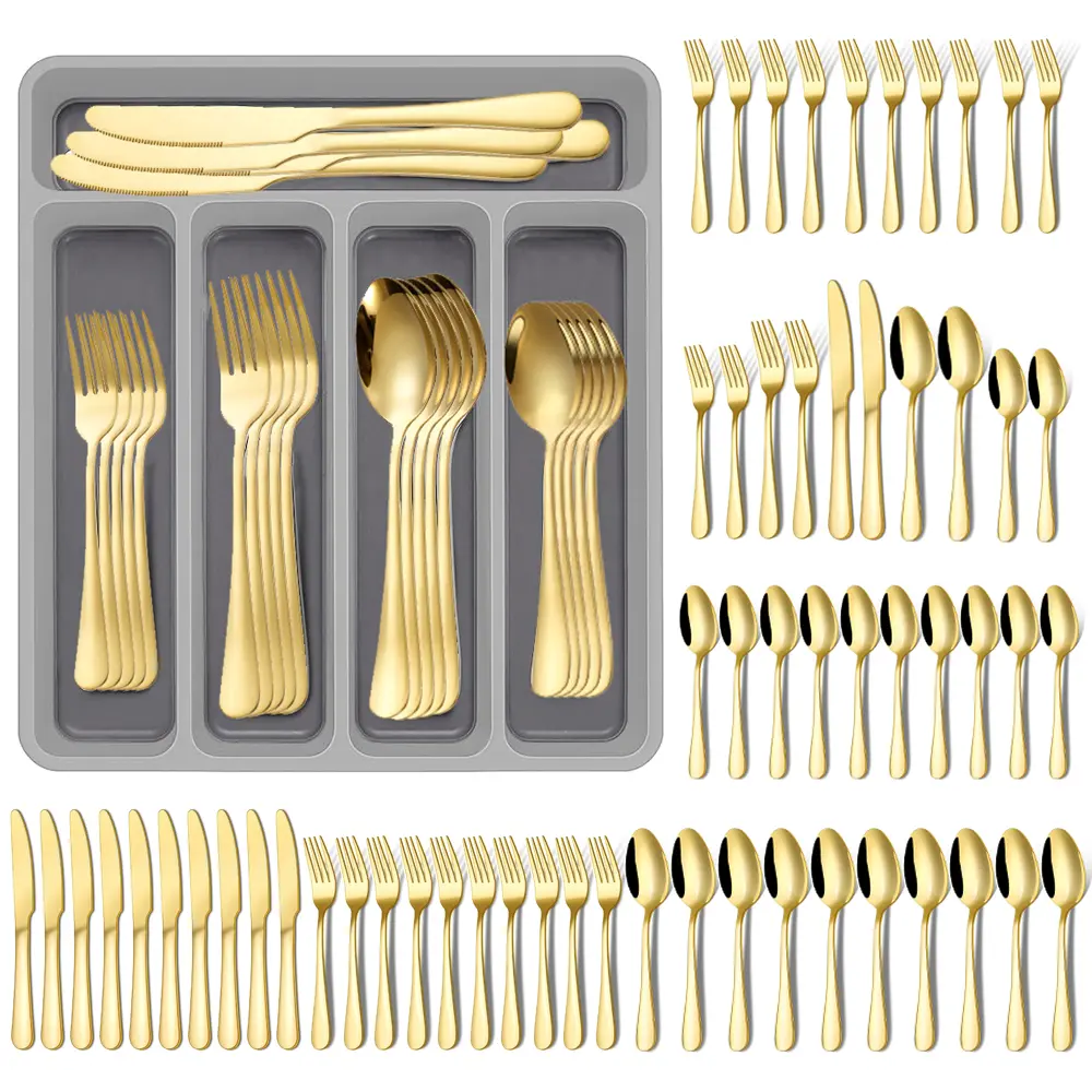12-Person Stainless Steel Cutlery Set (60-Piece) with Plastic Drawer Organizer Tray, 12 Steak Knives, Forks, Spoons, Modern Sturdy Mirror-Polished Dishwasher-Safe Tableware, Ideal for Adults, Children, Everyday Use, Spoon