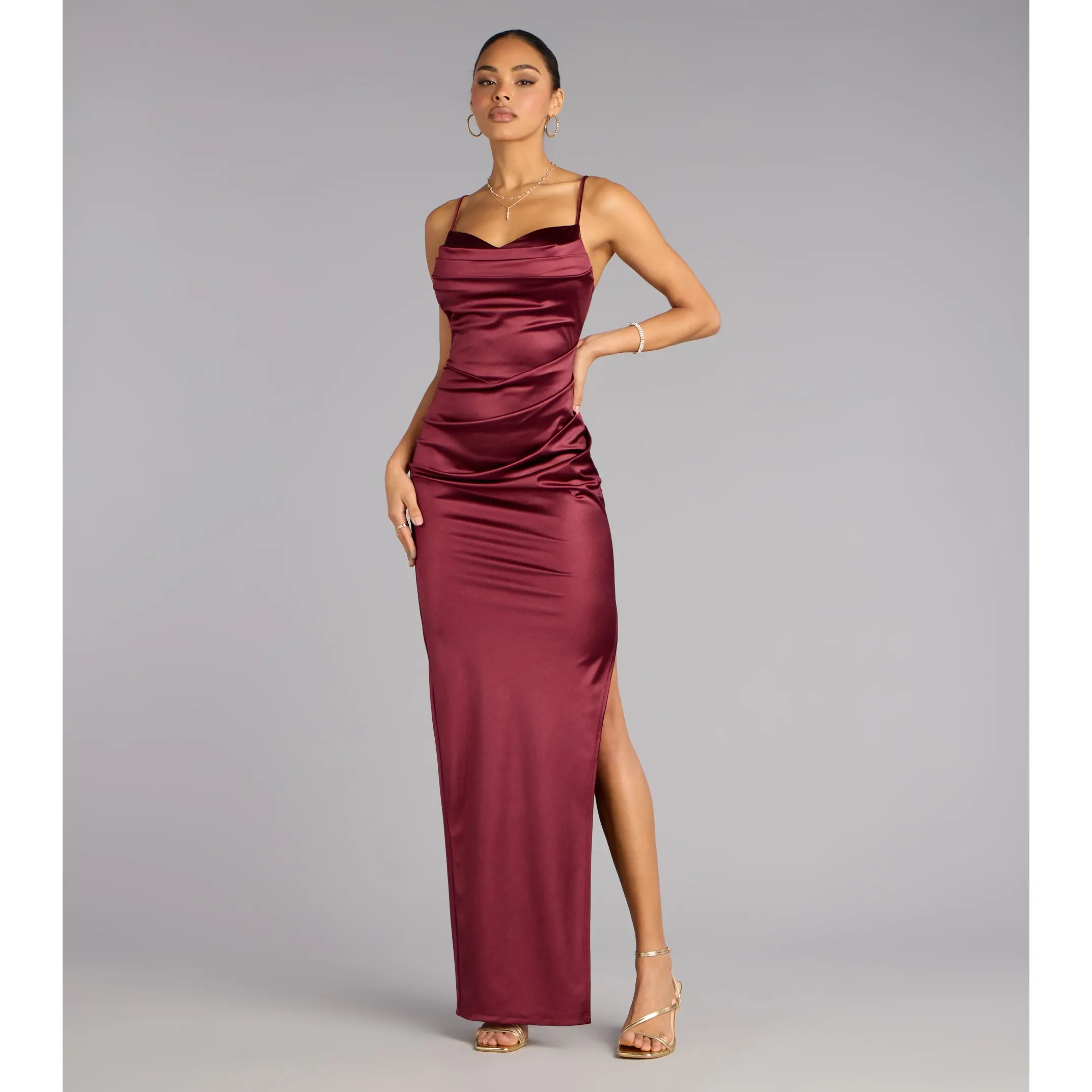Jane Cowl Neck Slit Satin Formal Column Dress