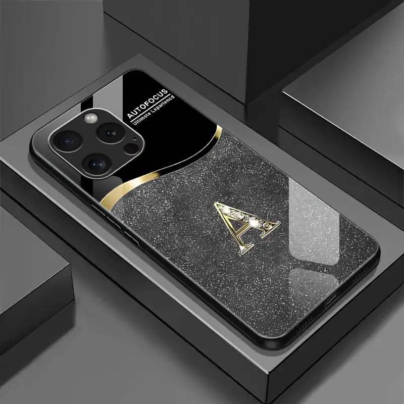 For iPhone 16 Pro Max Smartphone Protection Casing, High-End Flashing Letter Glass Cellphone Accessory, Business-Style Metal Paint Electroplated Case, Affordable Anti-Fall & Anti-Fingerprint