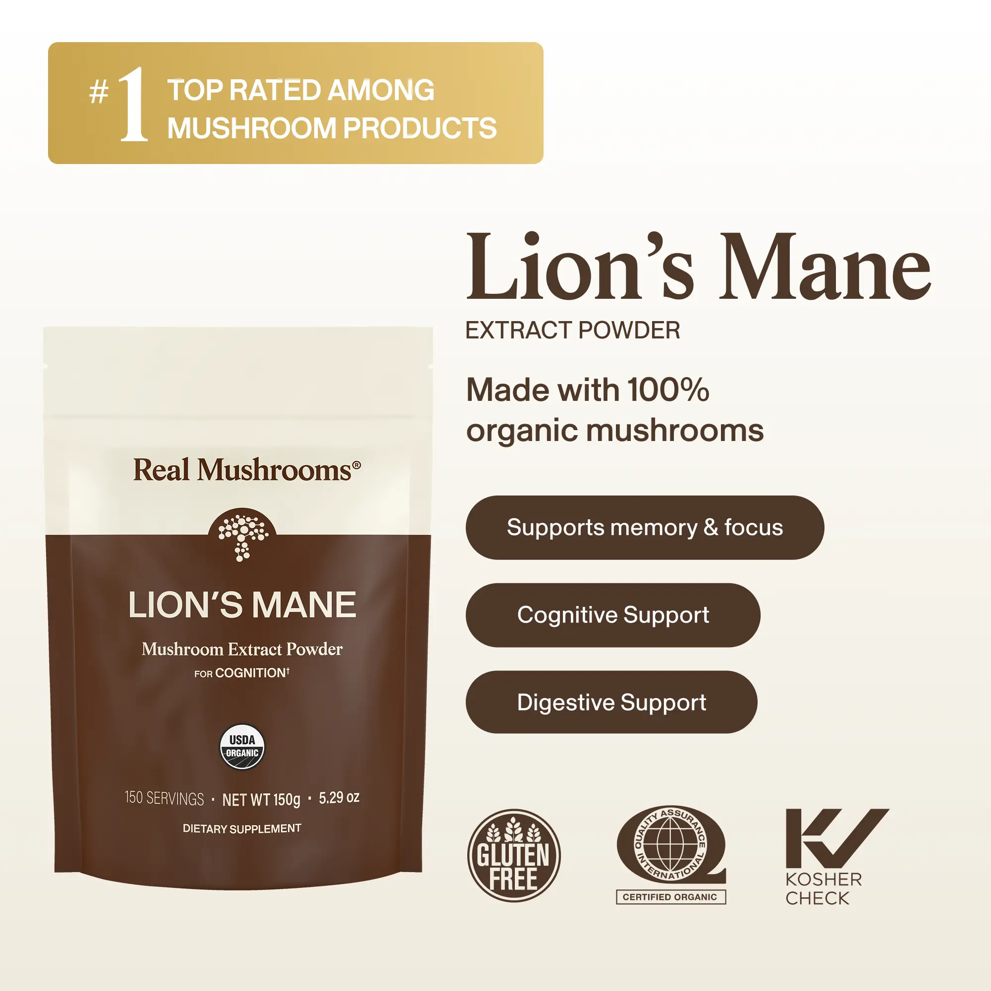 Real Mushrooms Organic Lions Mane Powder for Focus & Memory | Mix in Coffee or Tea | 1000mg, Over 30% Beta-Glucan | 100% Mushrooms