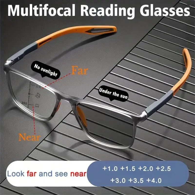 TR90 Frame Photochromic Lens Multifocal Anti-Blue Light Ultralight Reading Eyewear for Men - Unisex Casual, Presbyopia & Far Sight Correction Up to +4.0 Strength, Durable Sport Glasses, Blue Light Blocking Lens