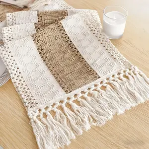 A 72-inch long bohemian table flag designed for home decor in cream and brown rustic style with tassels for dining or bedroom use