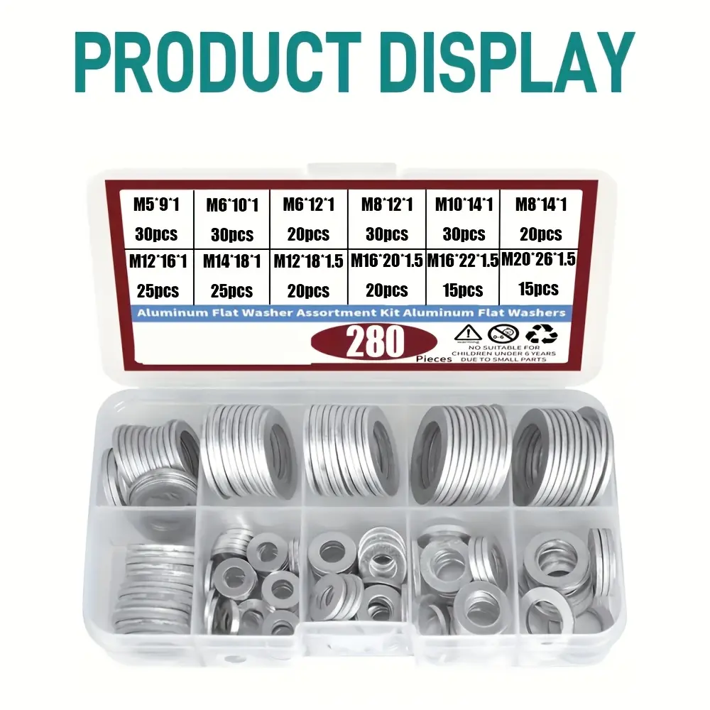summerwins 280pcs High-Quality Automotive Car Accessory Oil Drain Plug Gasket Set - 7 Sizes (10-24Mm) - Replacement for Honda, Acura Engine Component 94109-14000 - Robust, Leak-Resistant