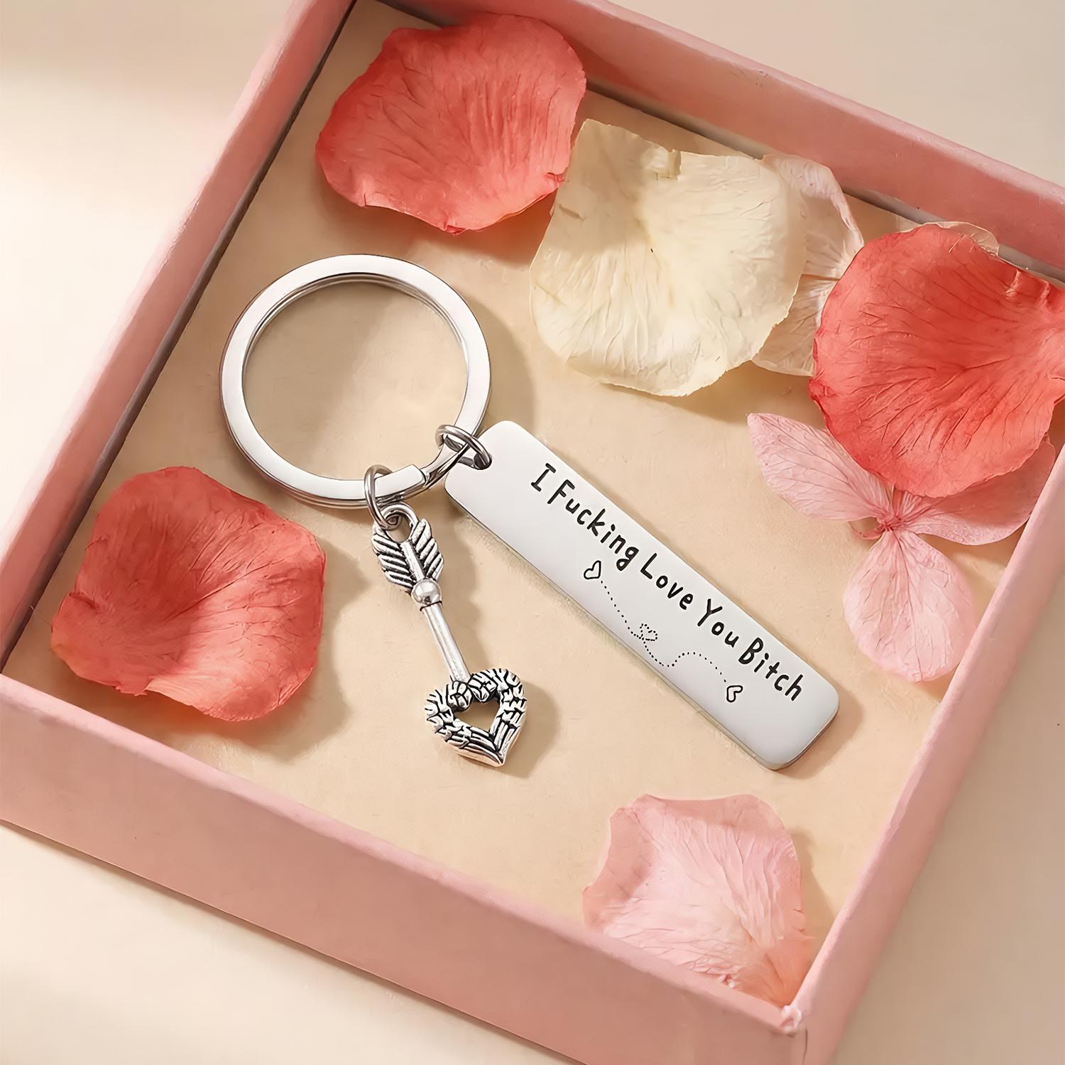 PUKEGM Durable Casual Fashion Funny Engraved Quote Stainless Steel Keychain - Engravable Keyring with “I Fcking Love You Btch” Slogan, Birthday Anniversary Gift for Female Besties